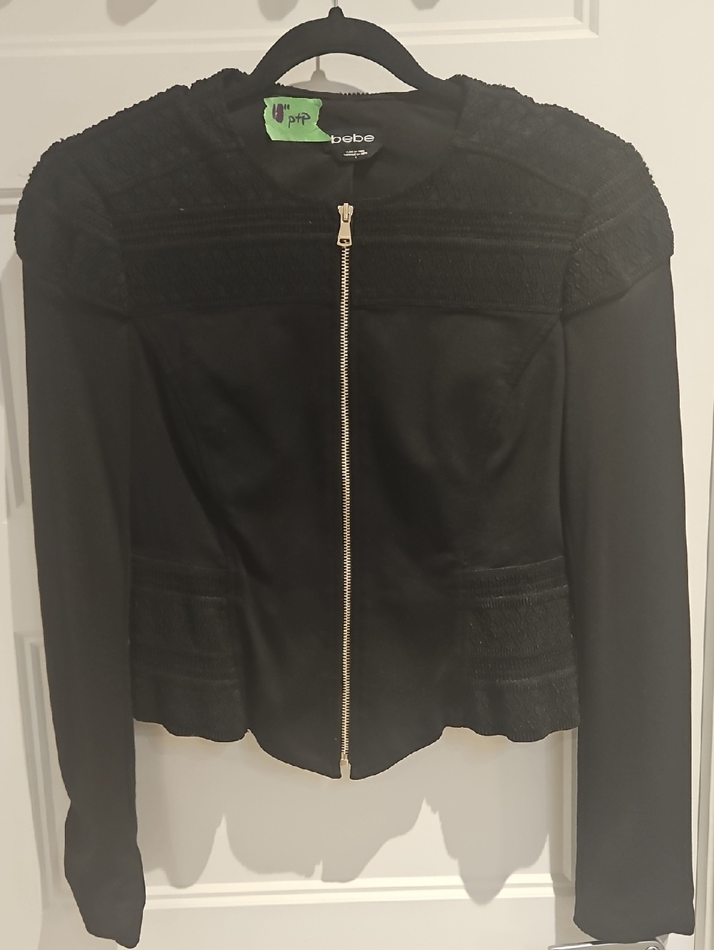 bebe Black Zip-Front Textured Shoulder Jacket